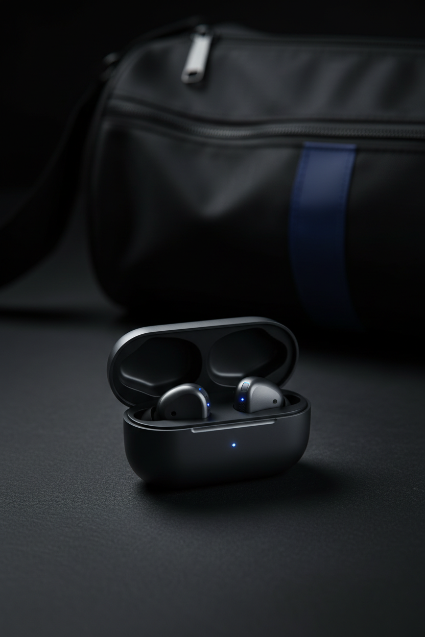 Wireless Sport Earbuds lifestyle photo – dark premium background with blue accent lighting