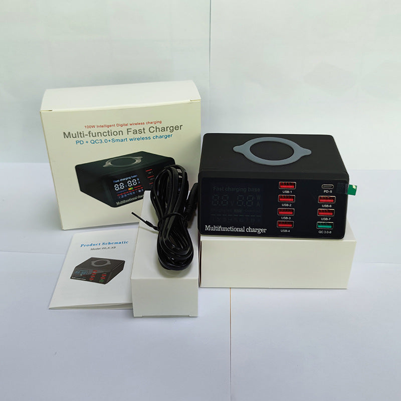 100W Multi-Port Charger – USB Hub with QC3.0 & Wireless Charging