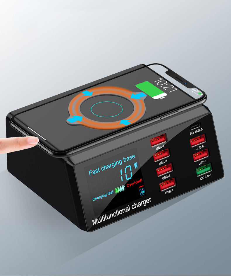 100W Multi-Port Charger – USB Hub with QC3.0 & Wireless Charging