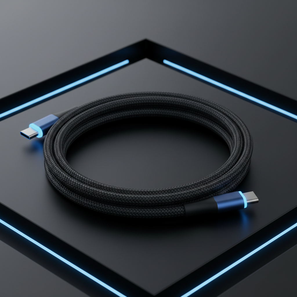 Braided USB-C to USB-C cable with glowing blue connector tips on dark surface