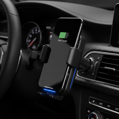 Wireless car mount charger with blue LED mounted on dashboard charging a smartphone
