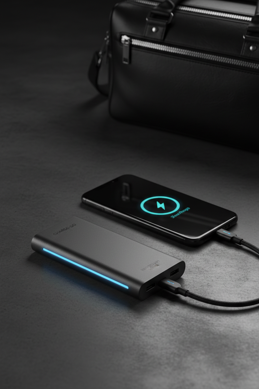 Portable Power Bank lifestyle photo – dark premium background with blue accent lighting
