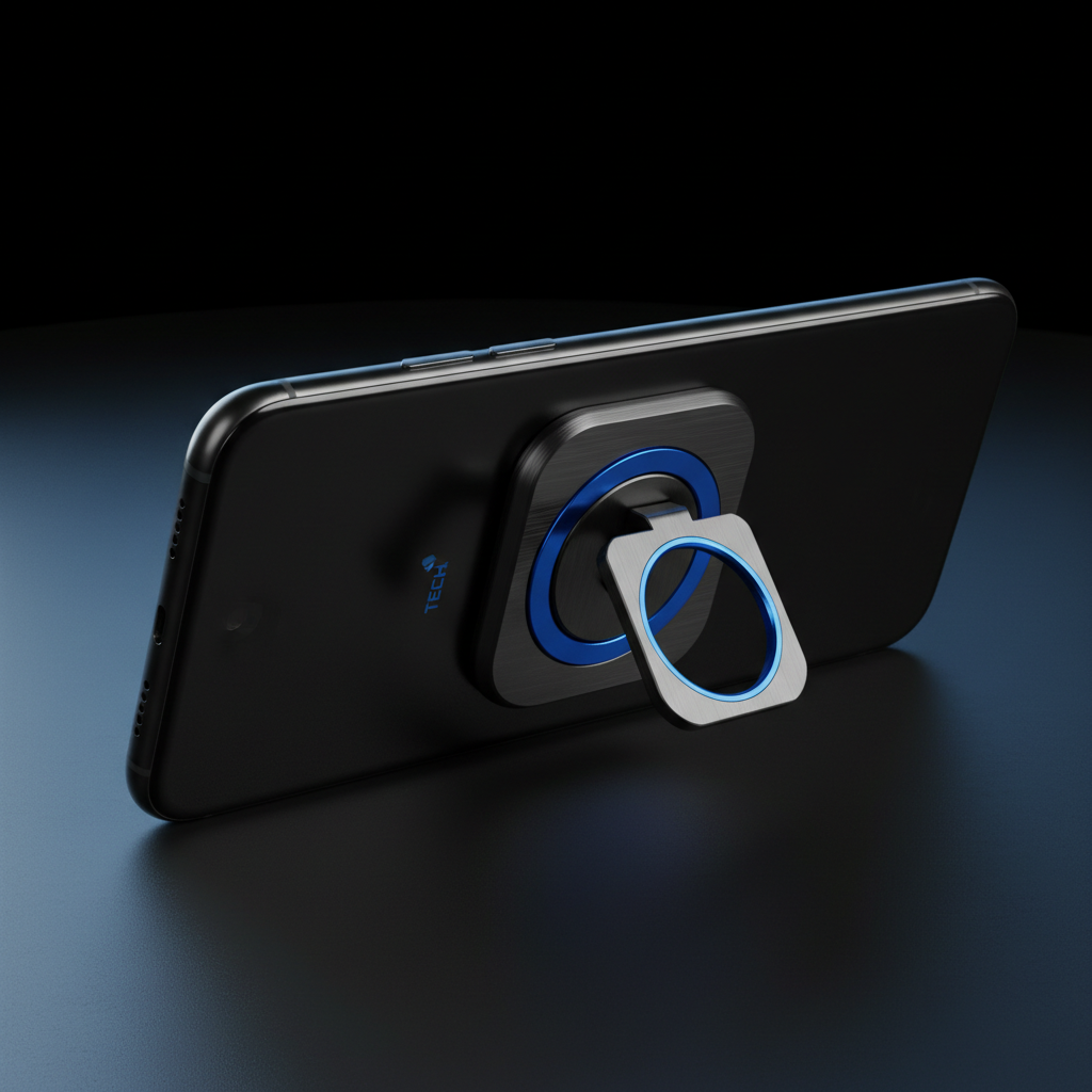 360 degree rotating phone ring holder and kickstand with blue accent on dark background