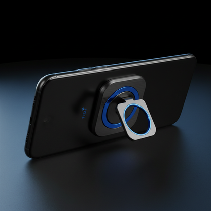 360 degree rotating phone ring holder and kickstand with blue accent on dark background