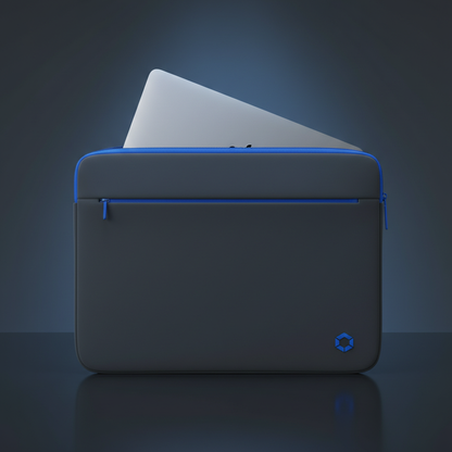 Water-resistant neoprene laptop sleeve with blue zipper accent on dark background
